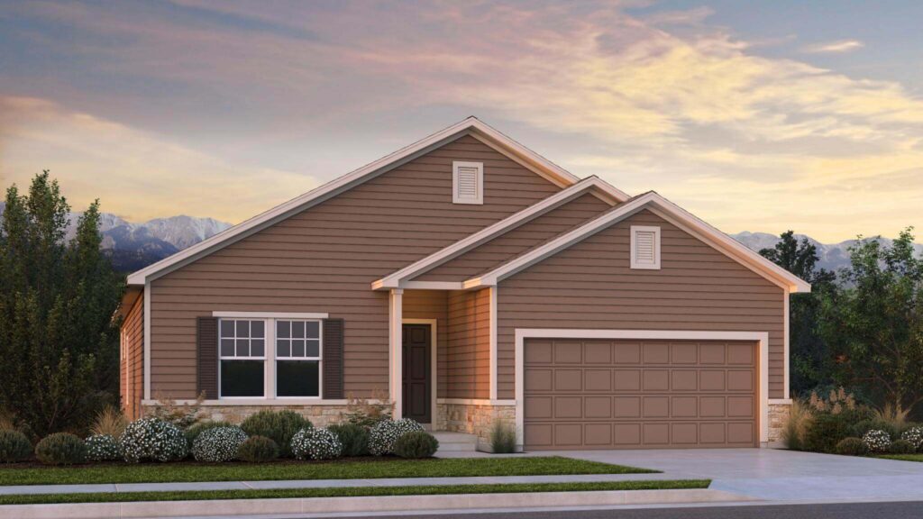 Rendered single‑story home with gabled roof, horizontal siding, stone base, and attached two‑car garage.