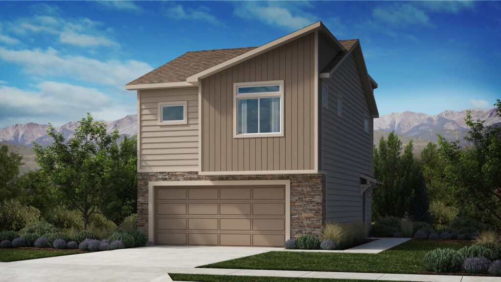 Architectural rendering of a two-story house with brown siding, stone accents, and a double garage.