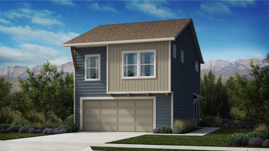 Architectural rendering of a two-story house with blue and beige siding, garage, and mountain backdrop.