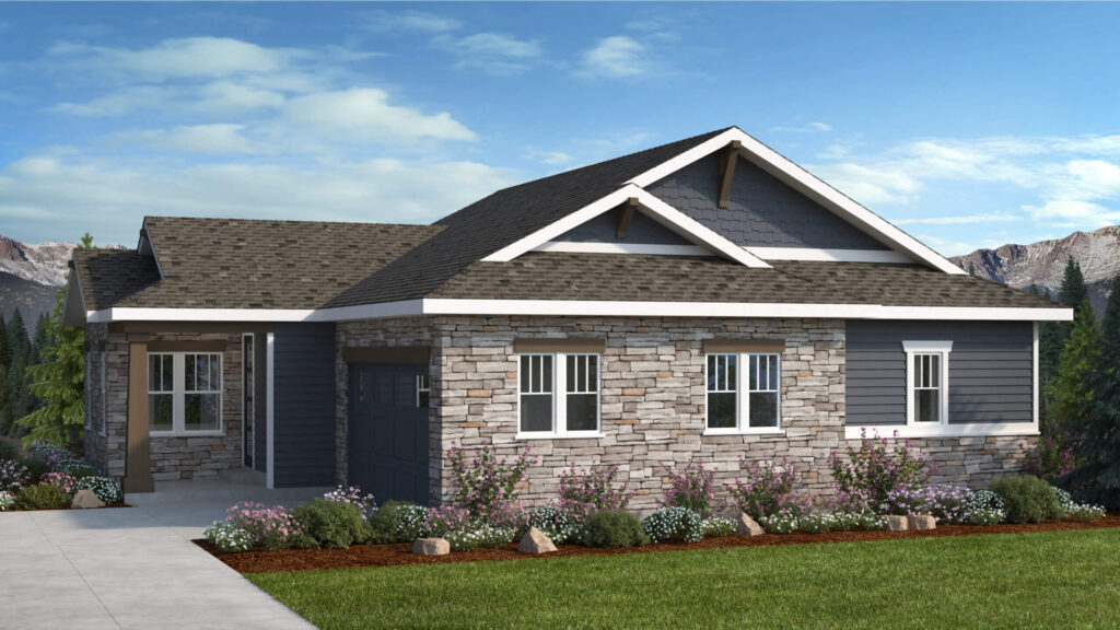 Rendered side/front perspective of a ranch home with stone lower walls, dark siding, and multiple windows.