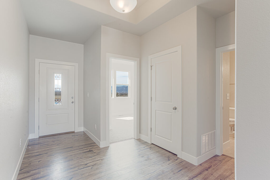 Interior entry hall with wood-look flooring, white doors, and natural light from adjacent rooms.