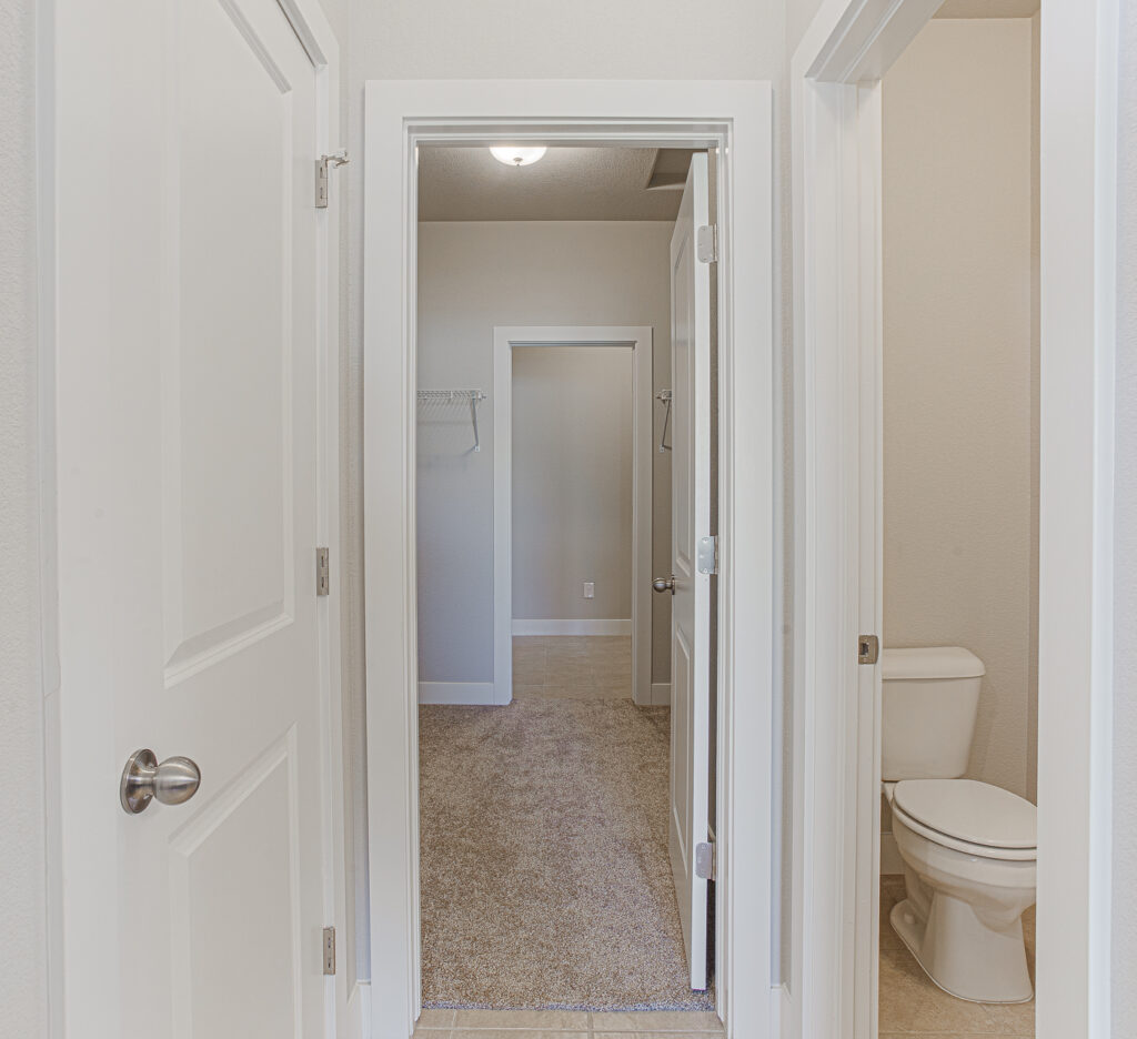 Hallway view into a carpeted walk-in closet with a toilet visible in a side room.