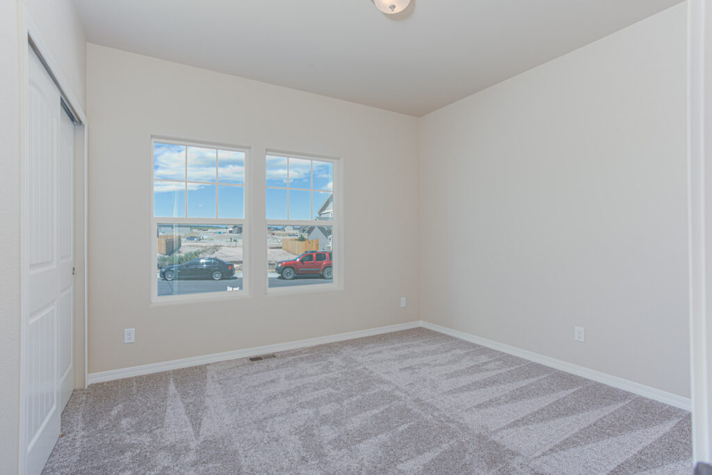 Bright unfurnished room with two windows, light carpet, and a closet with sliding doors.