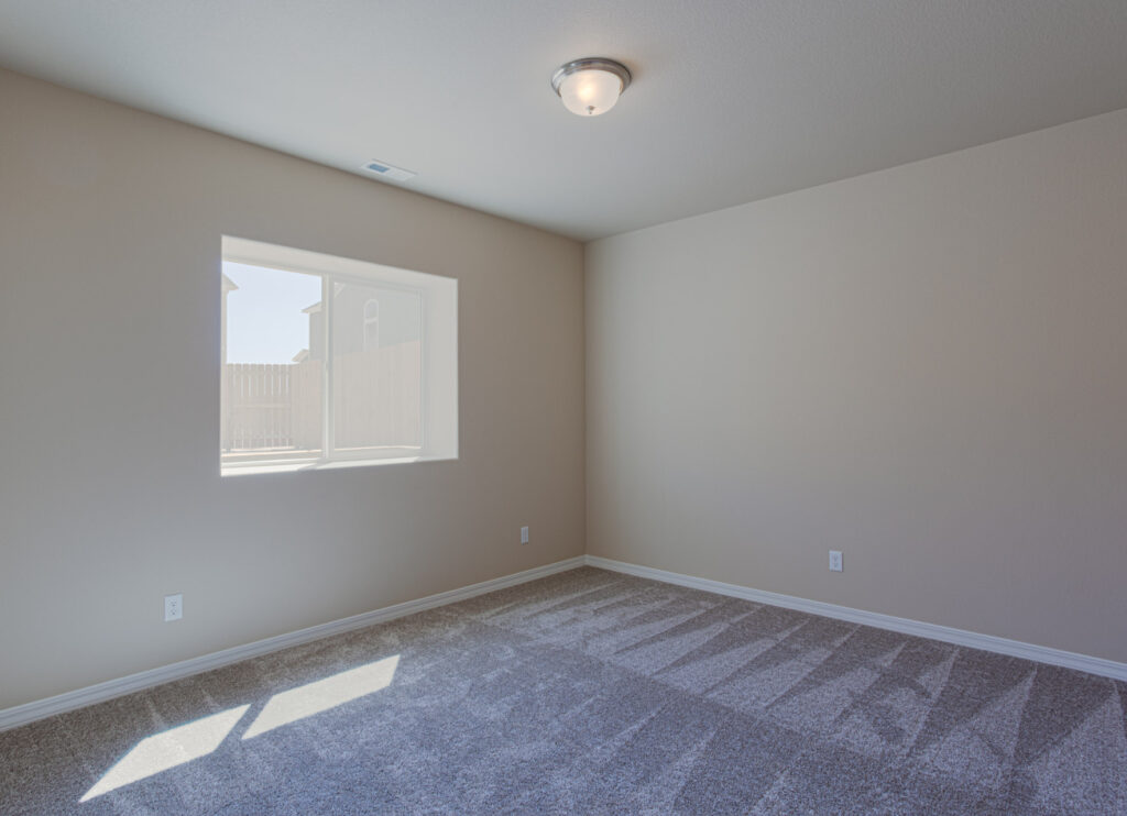 Bright empty room with carpet, single window, and ceiling light fixture.