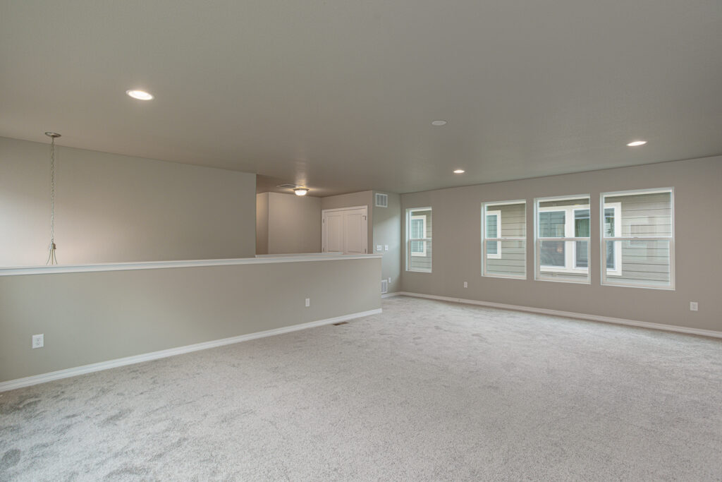 Expansive carpeted living space with four windows and a half-height dividing wall.
