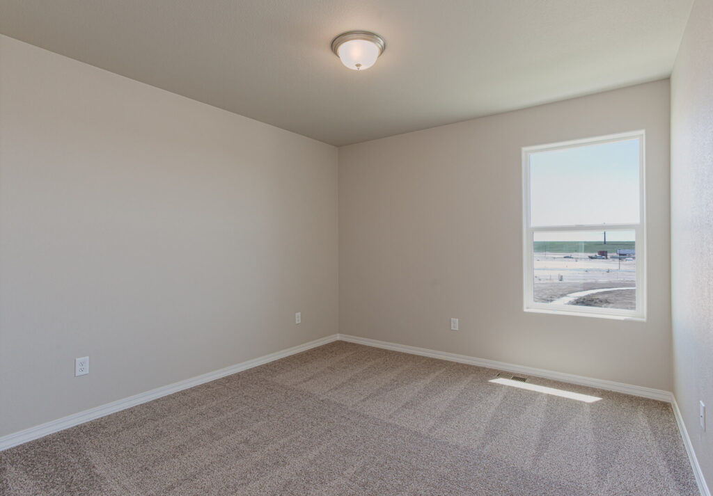Empty bedroom with carpet, a single window, and a ceiling light fixture.