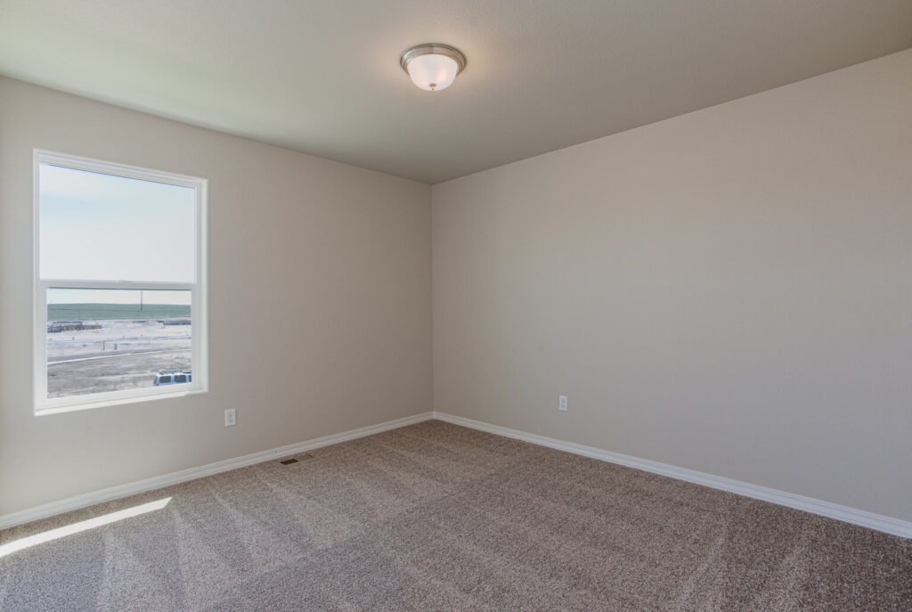 Empty carpeted bedroom with single window and flush ceiling light, neutral painted walls.