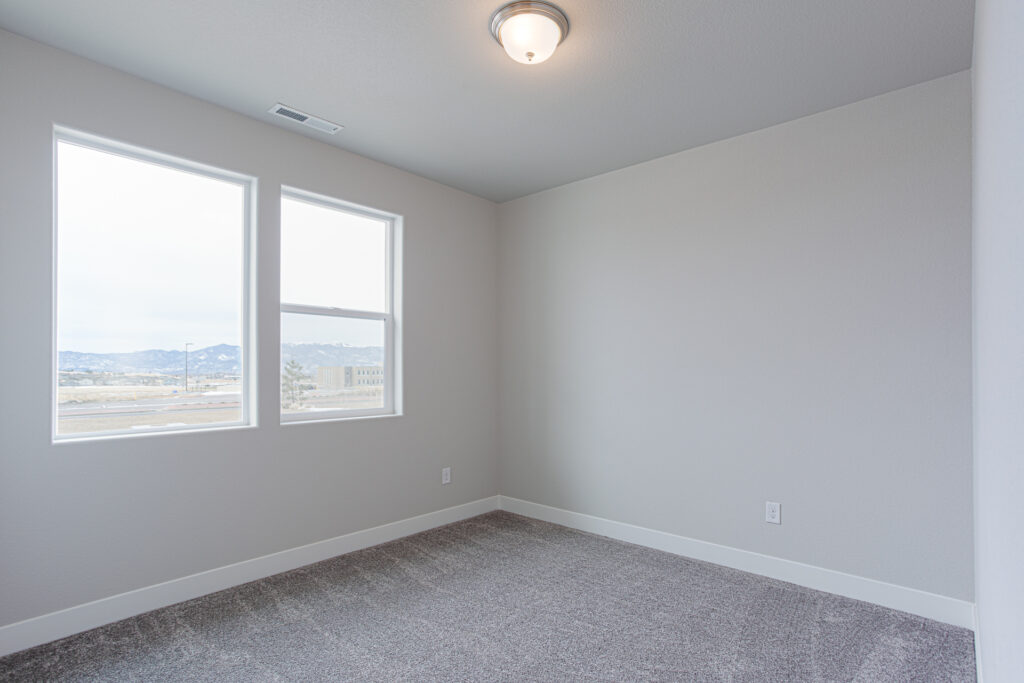 Empty carpeted bedroom with two tall windows and a ceiling light in neutral tones.