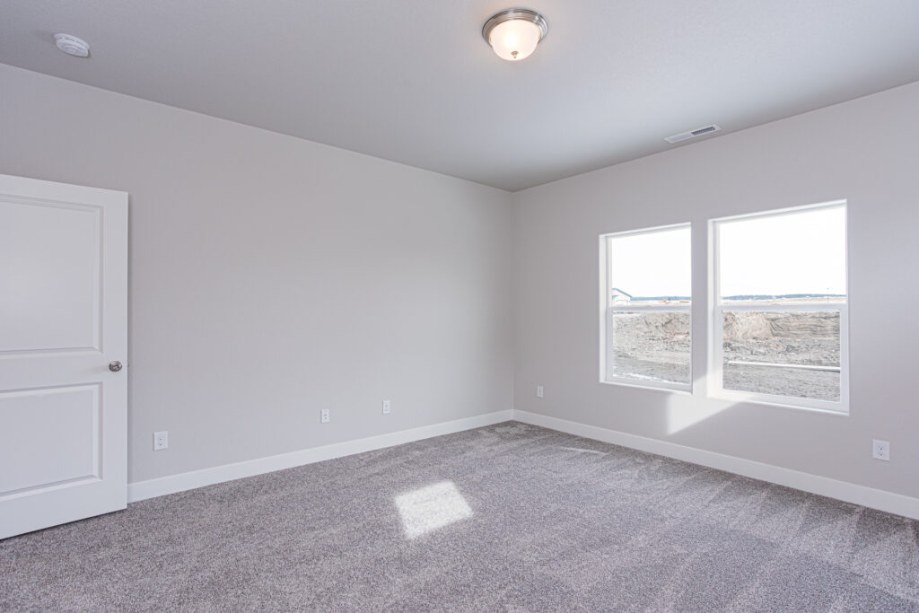 Bright empty room with two large windows, gray carpet, and a closed white door.