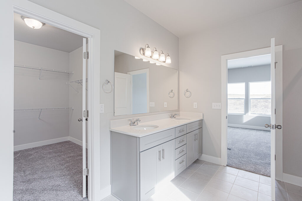 Bathroom interior with double vanity, mirror, walk-in closet, and doorway to a carpeted room.