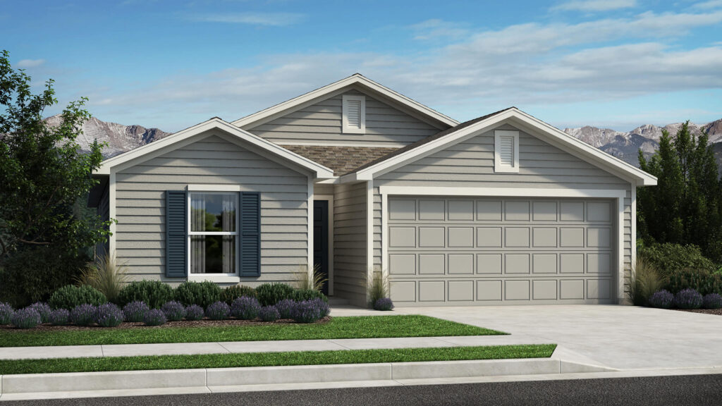 Architectural rendering of a single-story house with horizontal siding, shutters, and two-car garage.