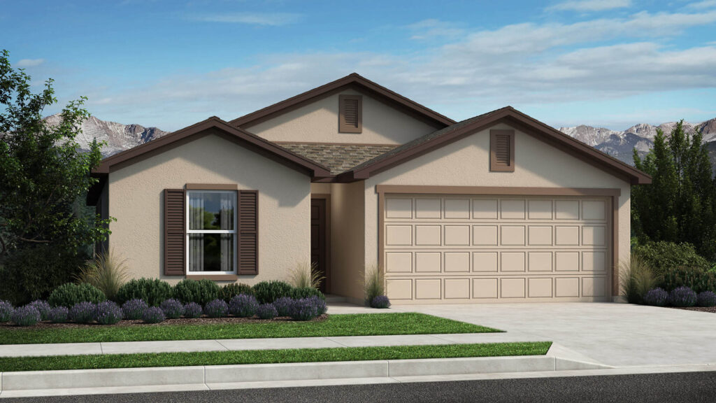Architectural rendering of a one-story stucco house with brown roof accents and two-car garage.