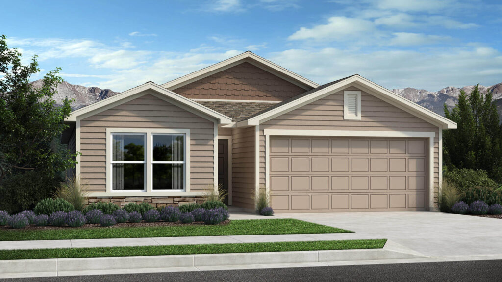 Front exterior rendering of a single-story house with a two-car garage and gabled roof.