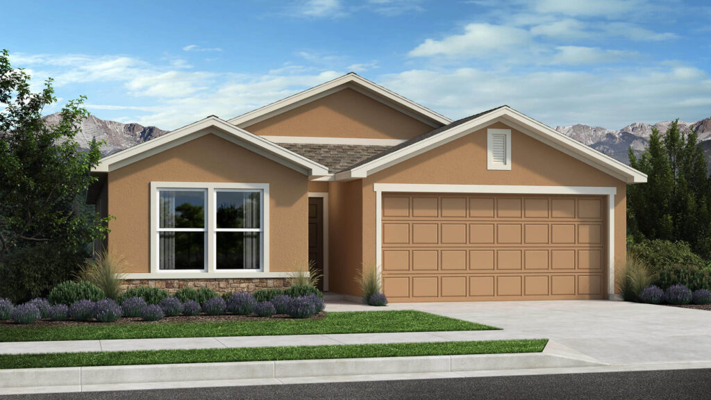Rendered front exterior of a single-story home with gabled roof and attached two-car garage.