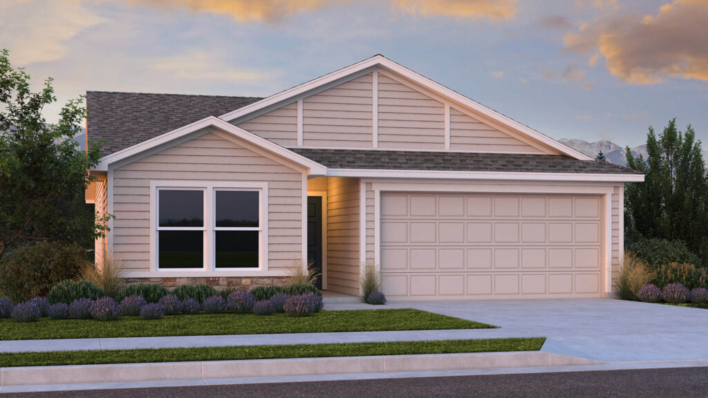 Front exterior rendering at dusk of a single-story house with two-car garage and soft exterior lighting.
