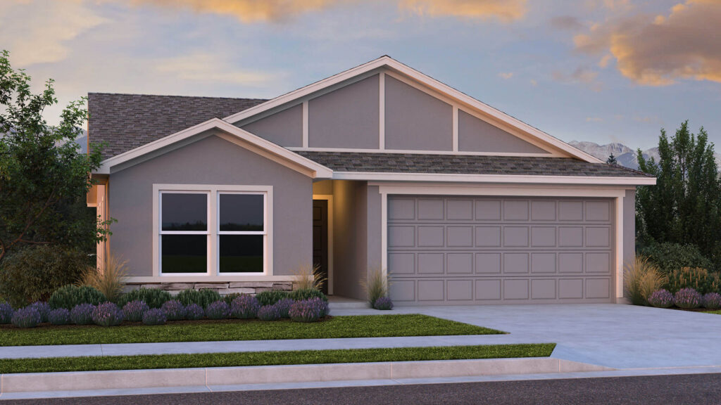 Sunset rendering of a single-story home with a two-car garage, gables, and landscaped front bed.
