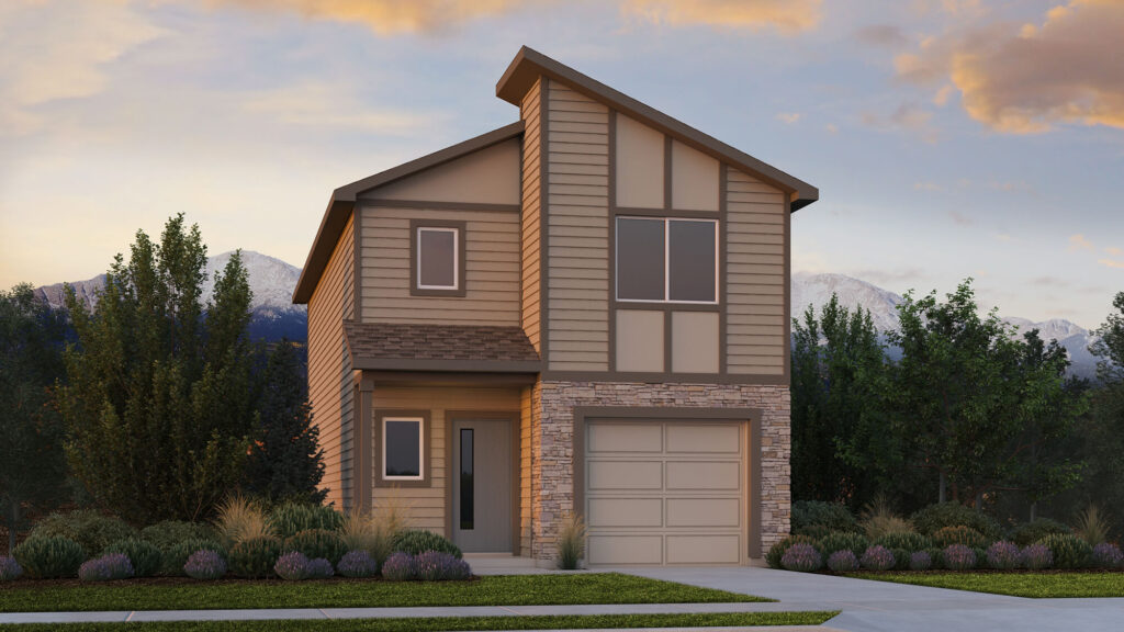 Two-story architectural rendering of a narrow modern house with one-car garage and tall front window.