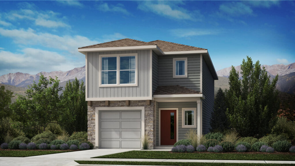Two-story house rendering with one-car garage, front porch, and overhanging upper window bay.
