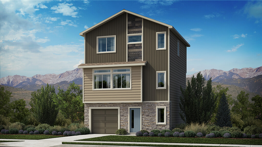 Three-story modern single-family home rendering with stone base and vertical siding.