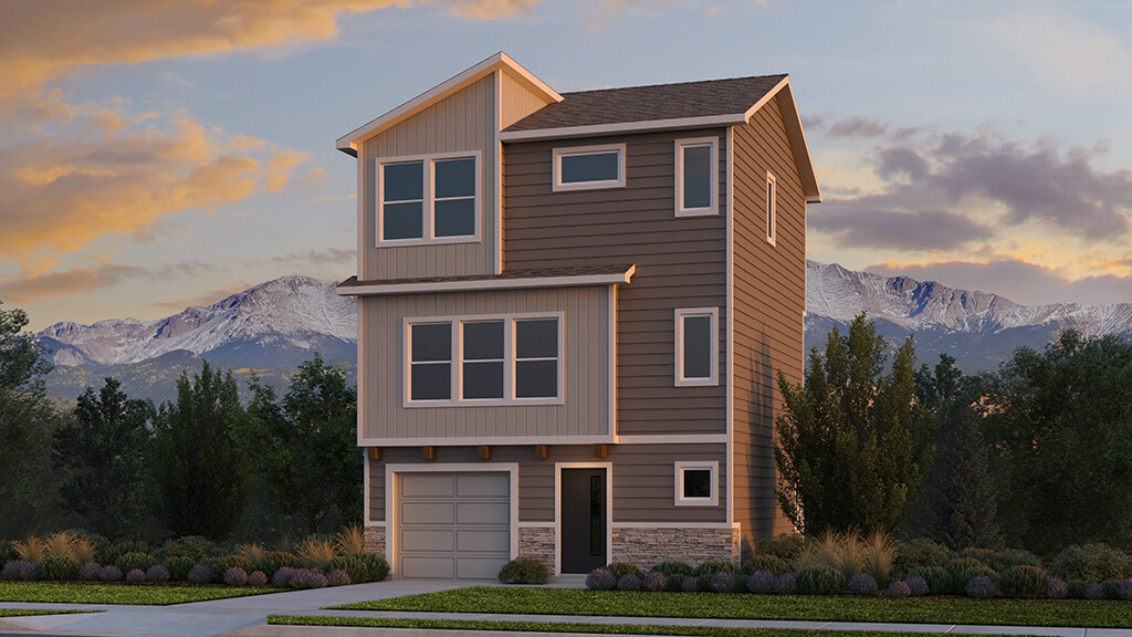 Three-story home rendering at sunset with large front windows and attached garage.