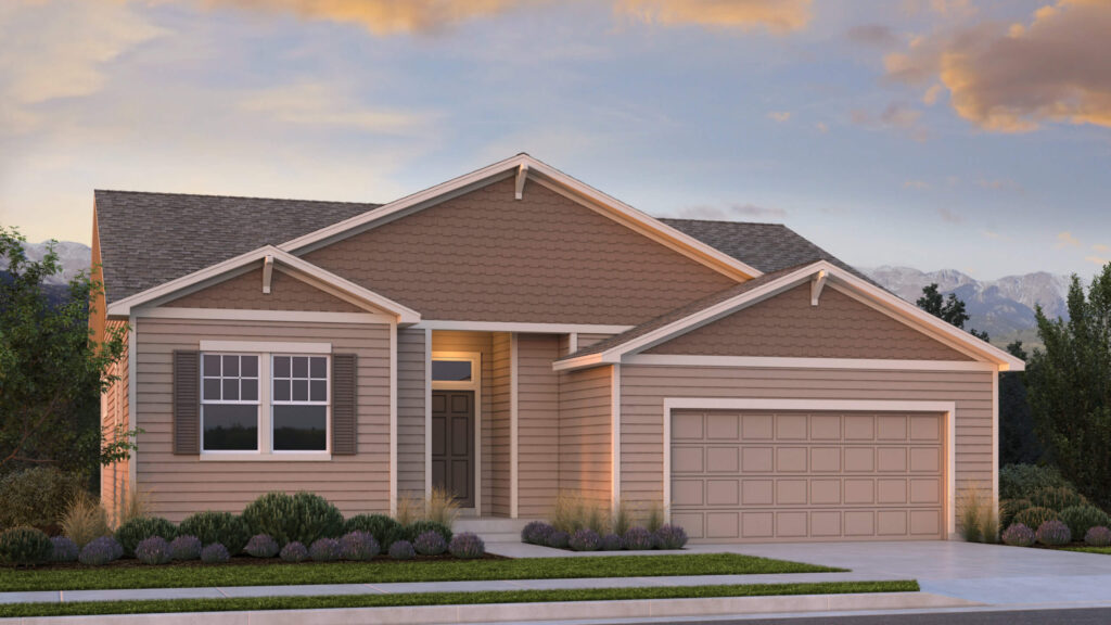 Warm-toned single-story home at dusk with front entry recessed between gables and two-car garage.