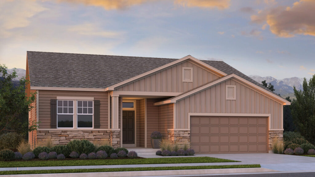 Single-story suburban house exterior with covered entry, two-car garage, and stone accent landscaping.