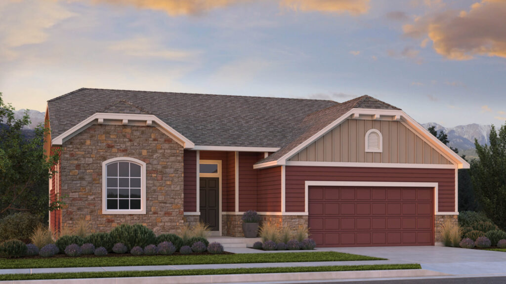 One-story home with stone and horizontal siding, arched left window, and two-car garage.