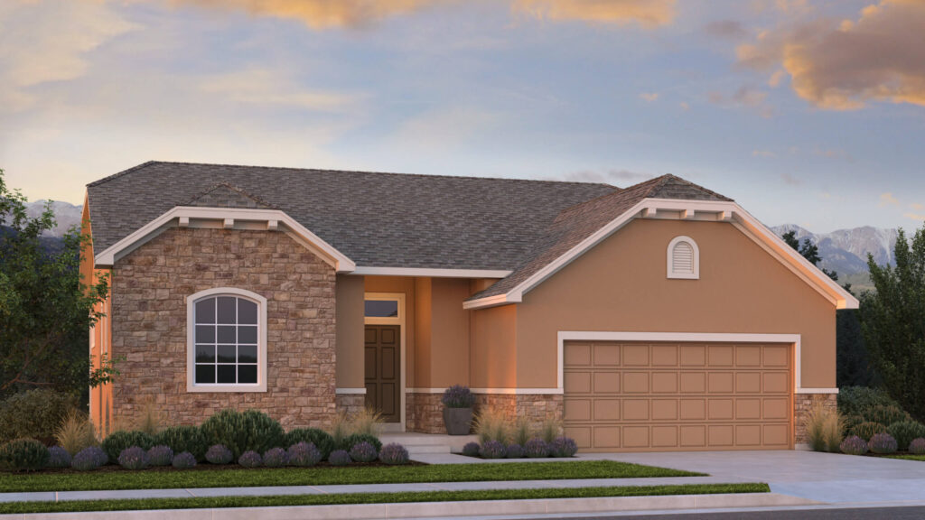 Ranch-style house exterior with stone accent on left, covered entry, and attached garage.