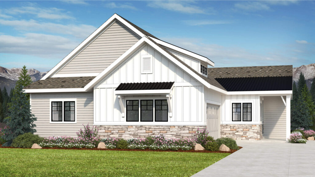 Architectural rendering of a modern farmhouse exterior with board-and-batten and stone base.