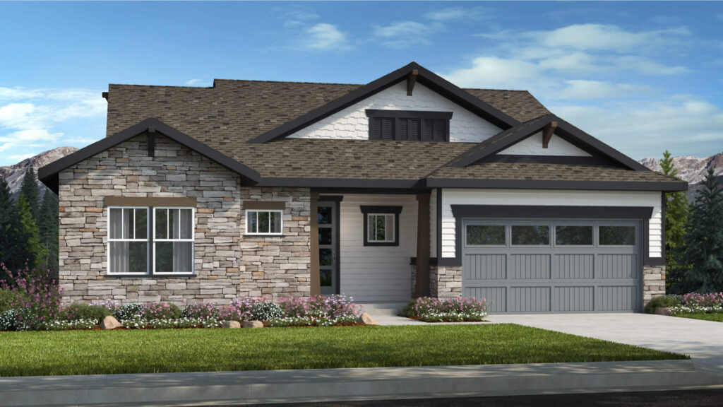 Front exterior rendering of a ranch-style home with stone facade and attached two-car garage.