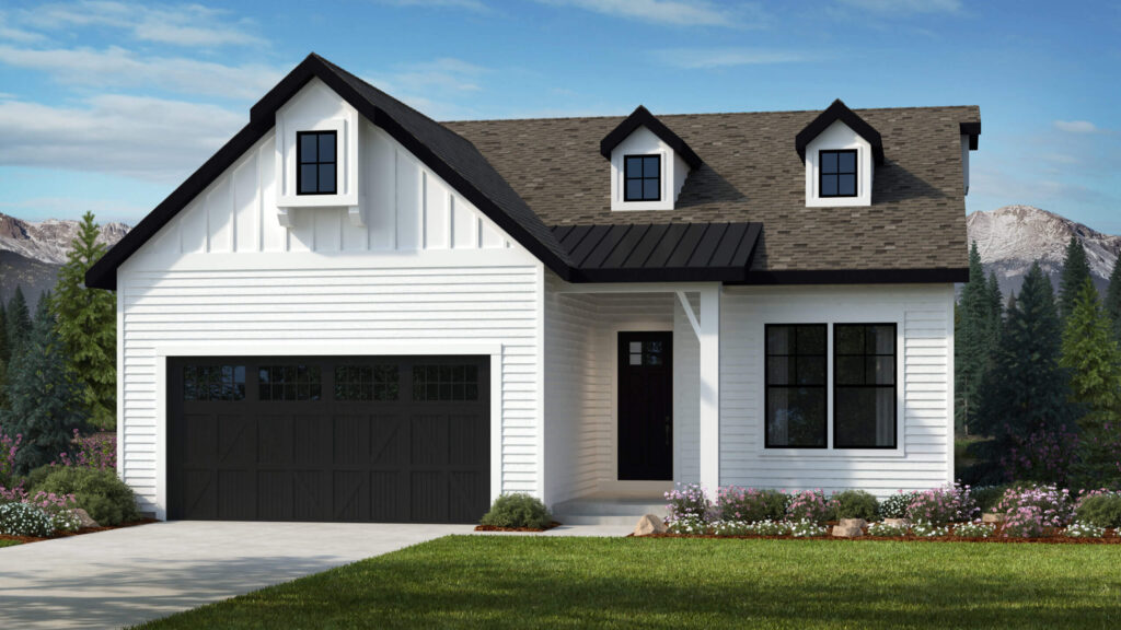 Rendered front elevation of a two-story white farmhouse-style house with black garage door and dormers.