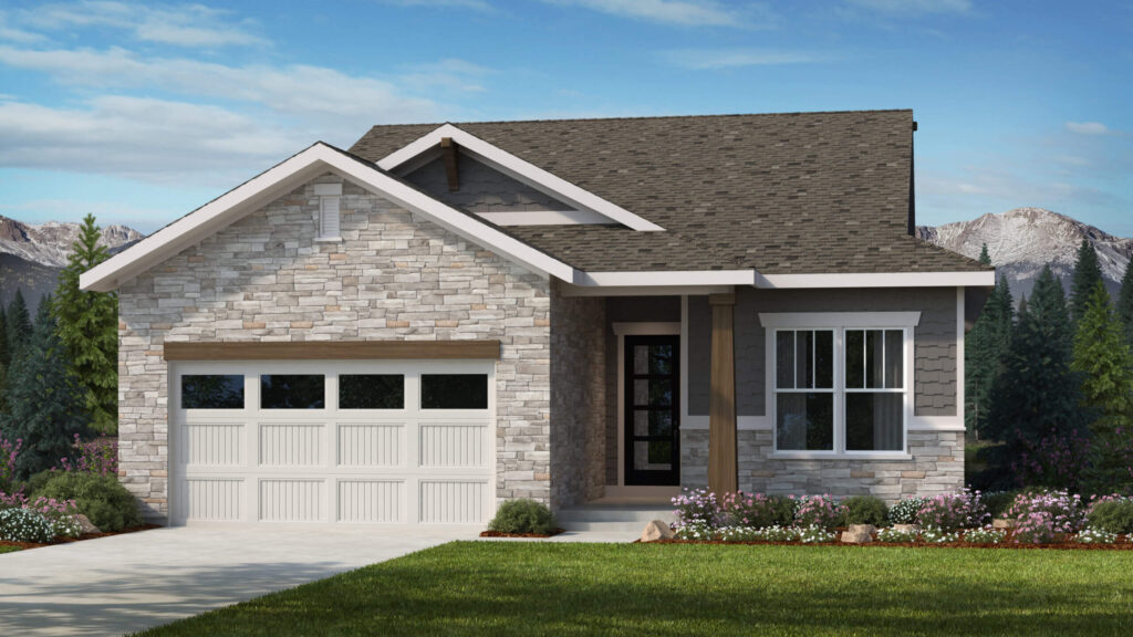 Rendered front view of a single-story house with stone facade on left, covered entry, and white garage door.