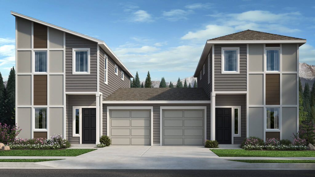 Contemporary duplex exterior rendering with two attached one-car garages and vertical window panels.