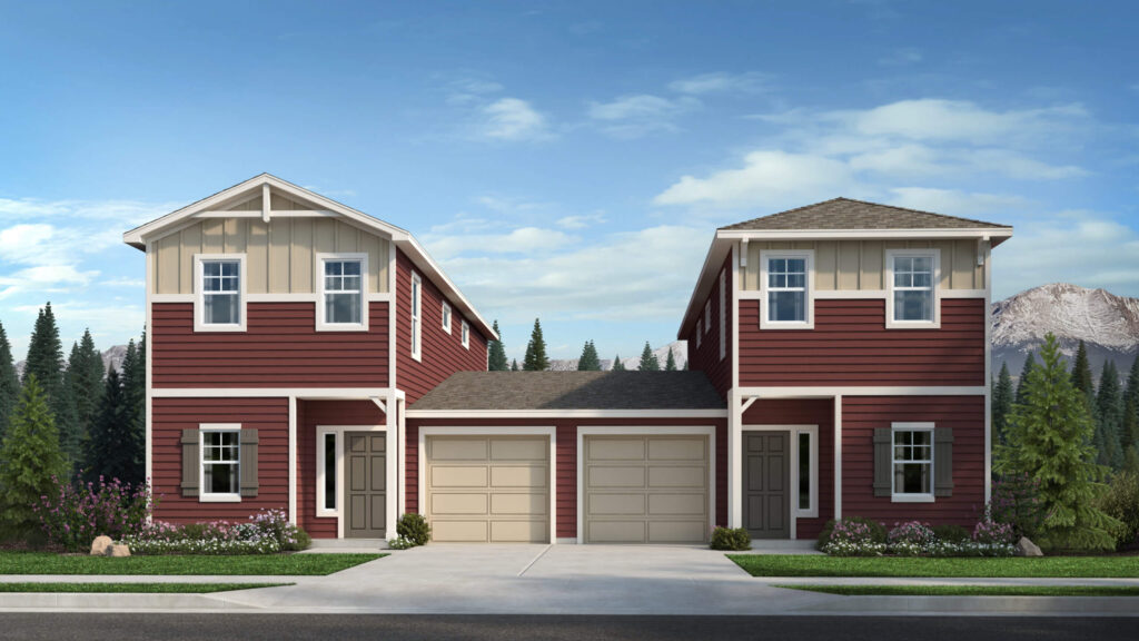 Traditional-style duplex exterior rendering in red with two one-car garages and covered entries.