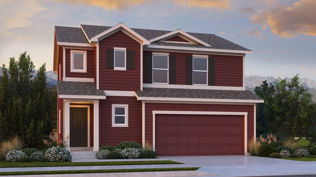 Two-story red house with dark shutters, covered side entry, and two-car garage at dusk.