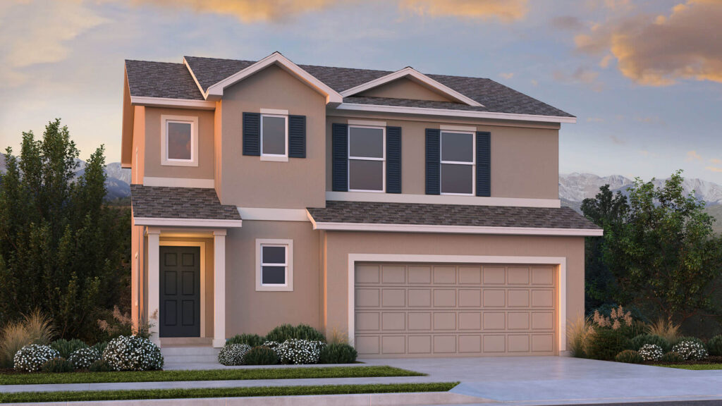 Two‑story beige house with dark shutters, double garage, small front porch, and landscaped shrubs.