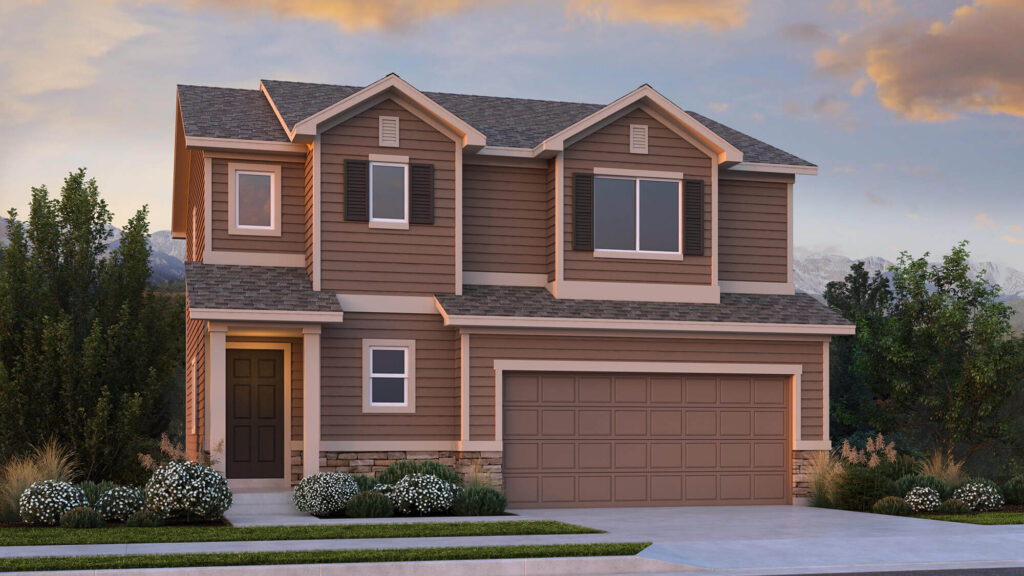 Two‑story brown house with horizontal siding, double garage, stone accents, and small covered porch.