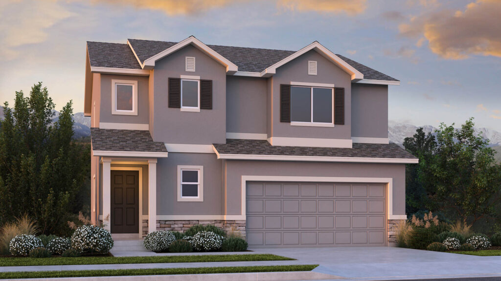 Two‑story gray house with dark shutters, stone base accents, covered entry, and a double garage.