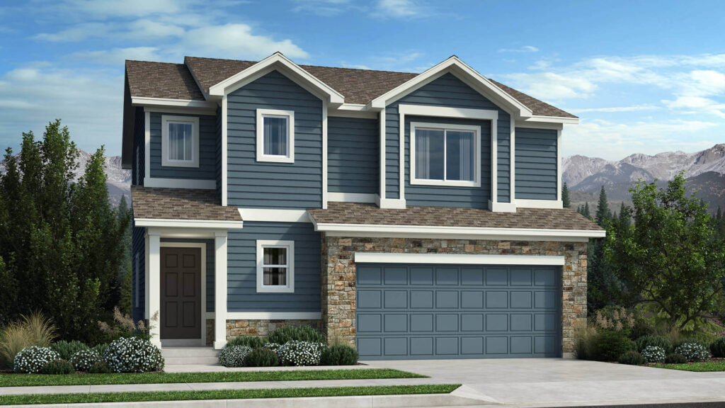Two‑story blue house with white trim, stone facade around garage, and landscaped front yard.