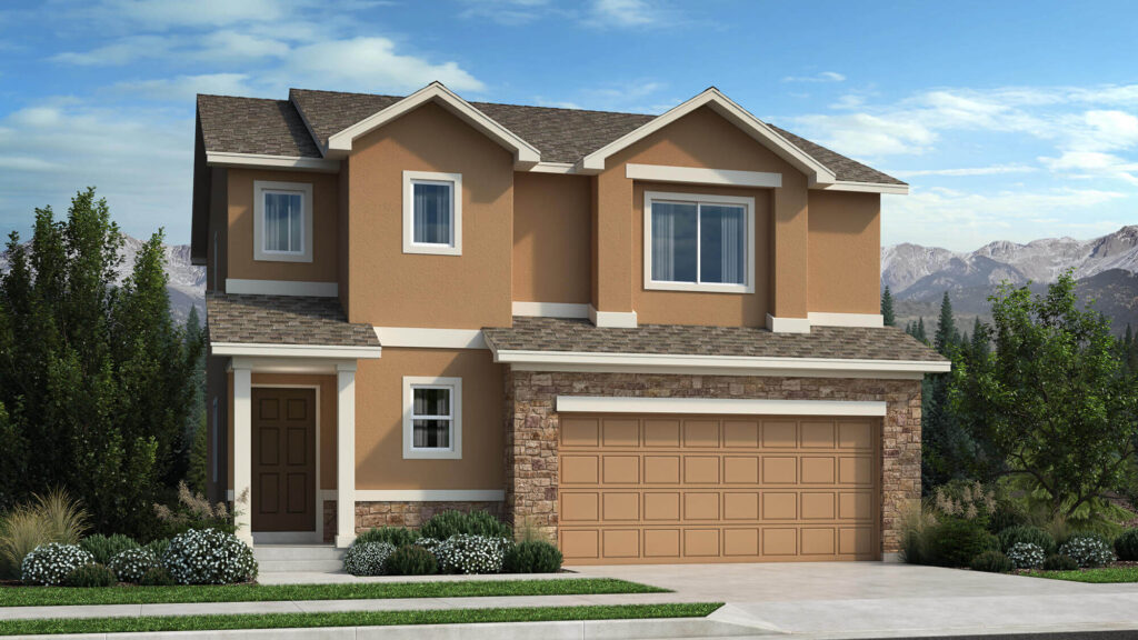 Two-story rendered house with tan stucco, stone accents, and a double garage under a blue sky.