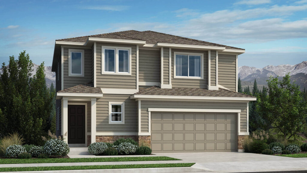 Two-story rendered house with gray horizontal siding, stone base, and a two-car garage.