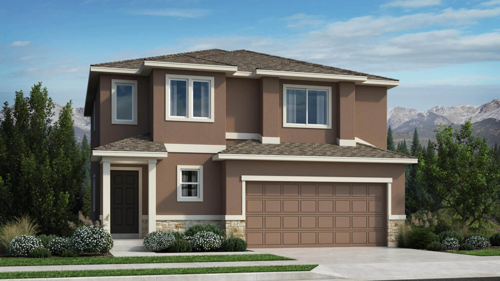 Rendered two-story house with brown stucco, stone trim, and a double garage under a blue sky.