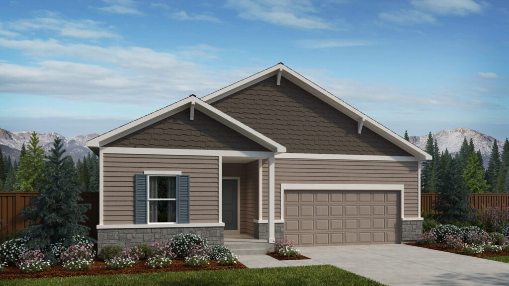 Single-story rendered house exterior with gabled roof, two-car garage and landscaped front yard.