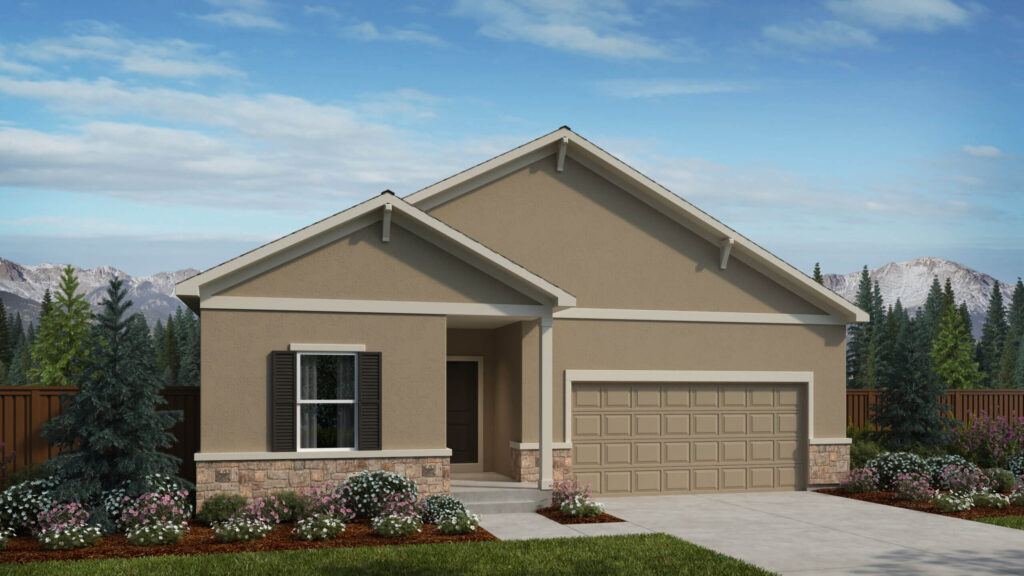 Single-level home with gabled roof, small covered entry, and two-car garage with stone skirt.