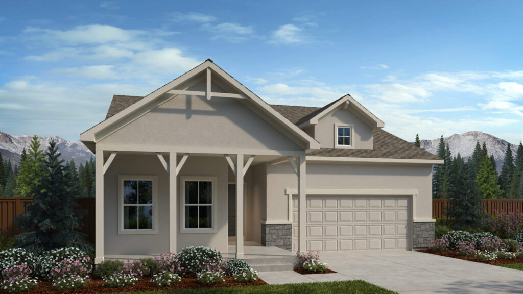Home with covered front porch supported by exposed beams and an attached two-car garage.