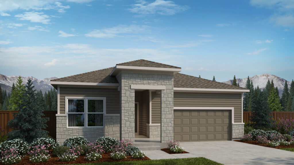 Single-story house with prominent stone column entry and two-car garage, landscaped front yard.