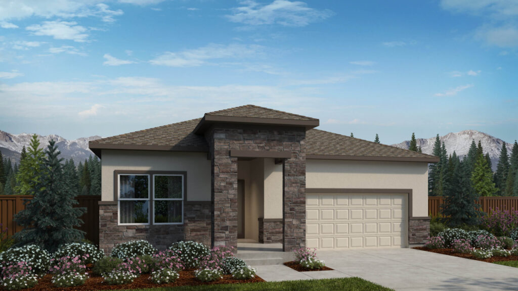 Single-story modern house with stone-clad entry and two-car garage under a blue sky.