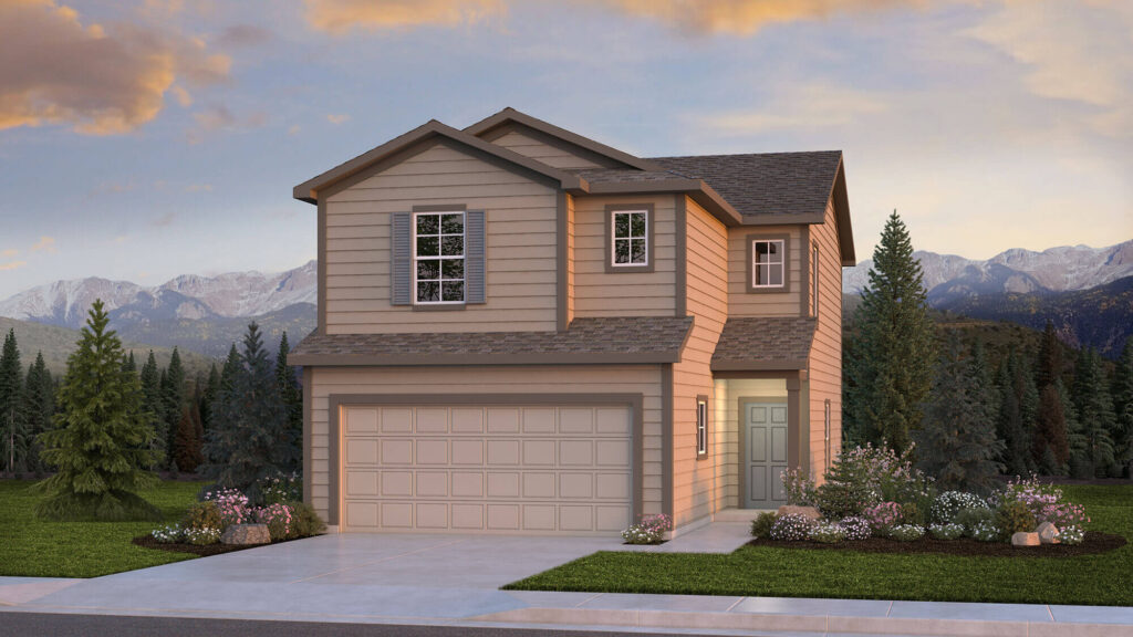 Two-story rendered house with attached double garage set against pine trees and mountain backdrop.