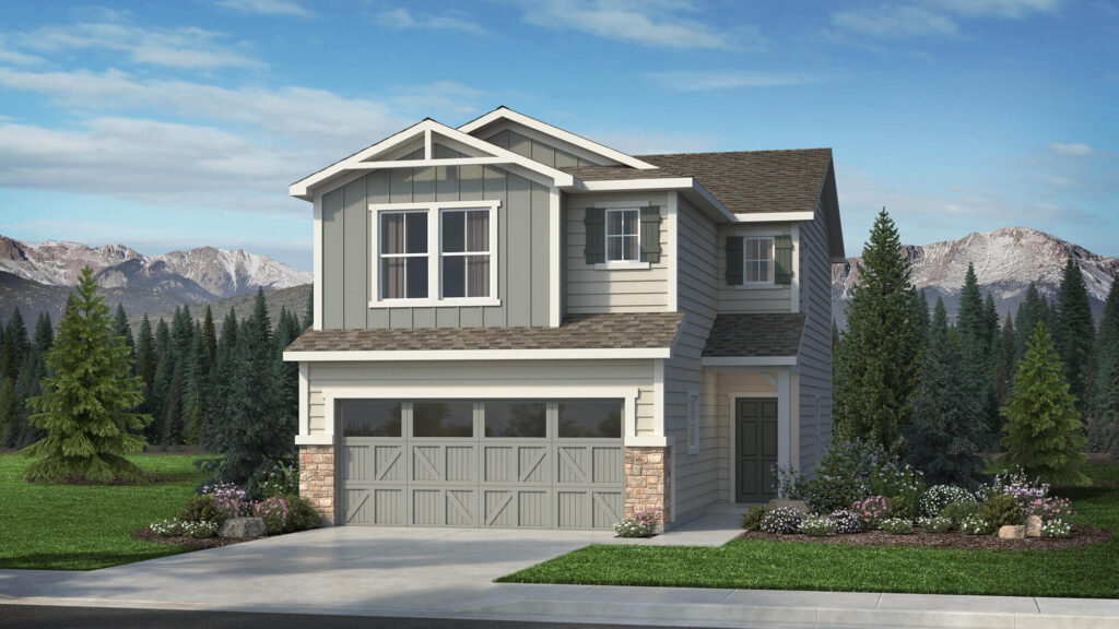 Two-story suburban house rendering with mixed siding, stone accents, and a three-car garage.