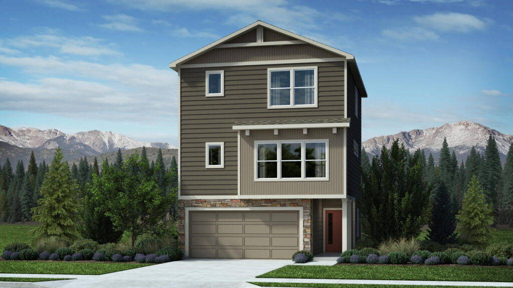 Three-story narrow house with brown siding, upper bay window, and ground-level two-car garage.